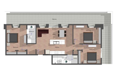 Floor plan for 3 beds, 2 baths, 1199 sqft